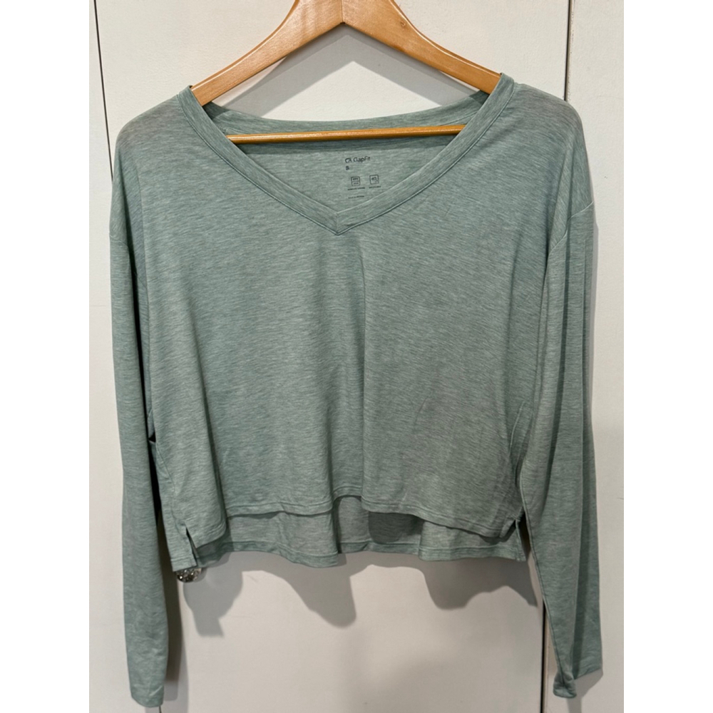 Women's GapFit Long Sleeve relaxed fit cropped v-neck Tee S Light heather Green